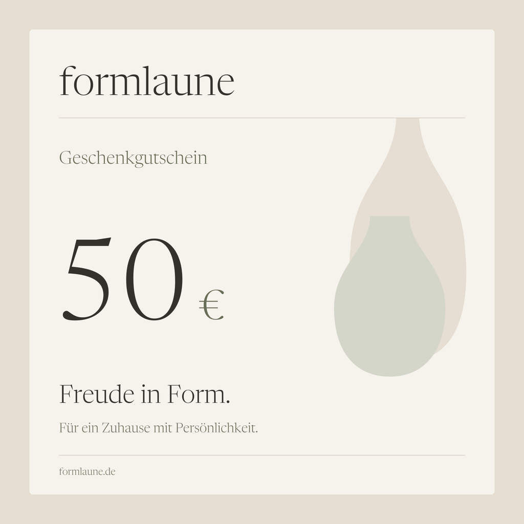 formlaune Geschenkgutschein über 50 Euro – Elfenbein, Sand und Oliv mit abstrakten Vasenformen